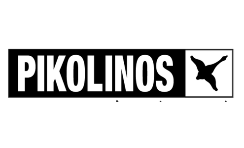 A black and white logo featuring the word 'PIKOLINOS' in bold white letters inside a black rectangle, alongside a white square containing a black bird silhouette.