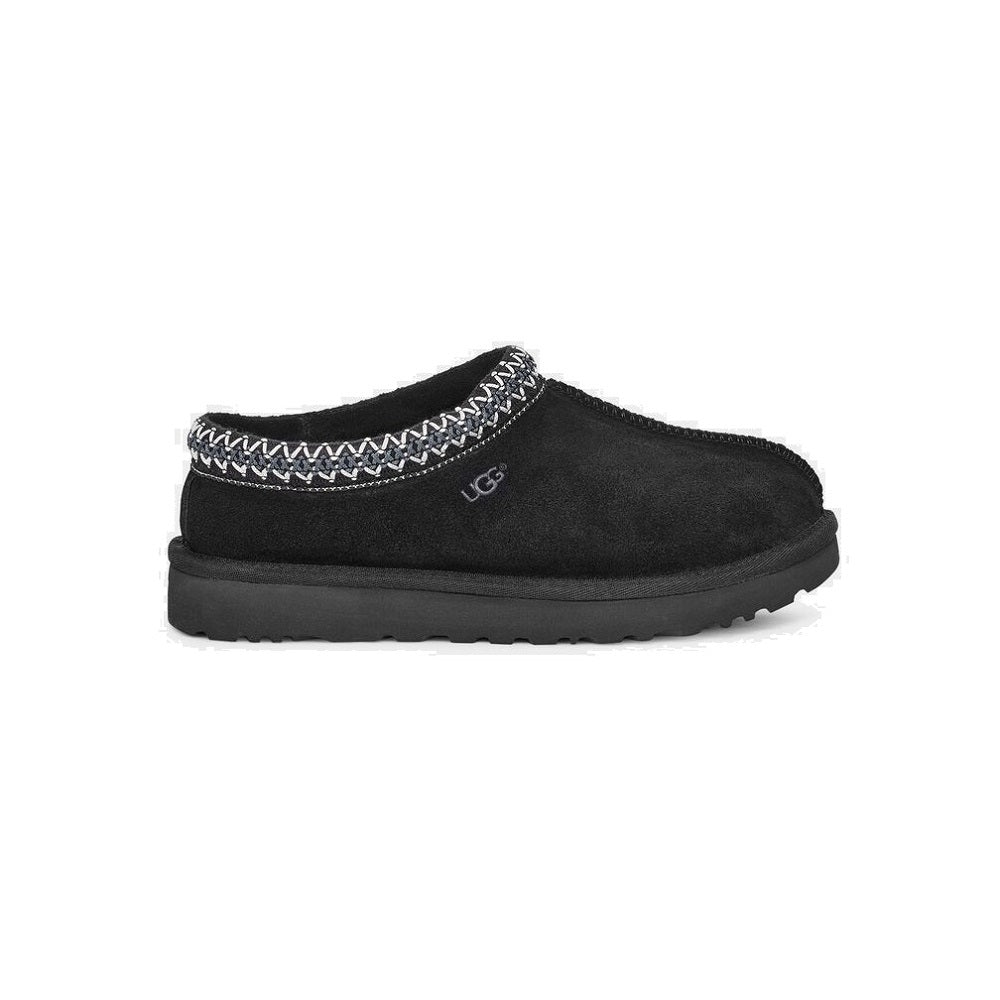 UGG Tasman slipper in black with white and grey braided trim.